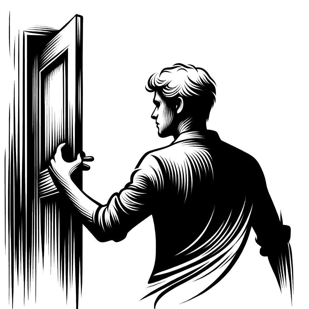 un dibujo de un hombre cerrando una puerta representando el tema de Abandonando en blanco y negro.