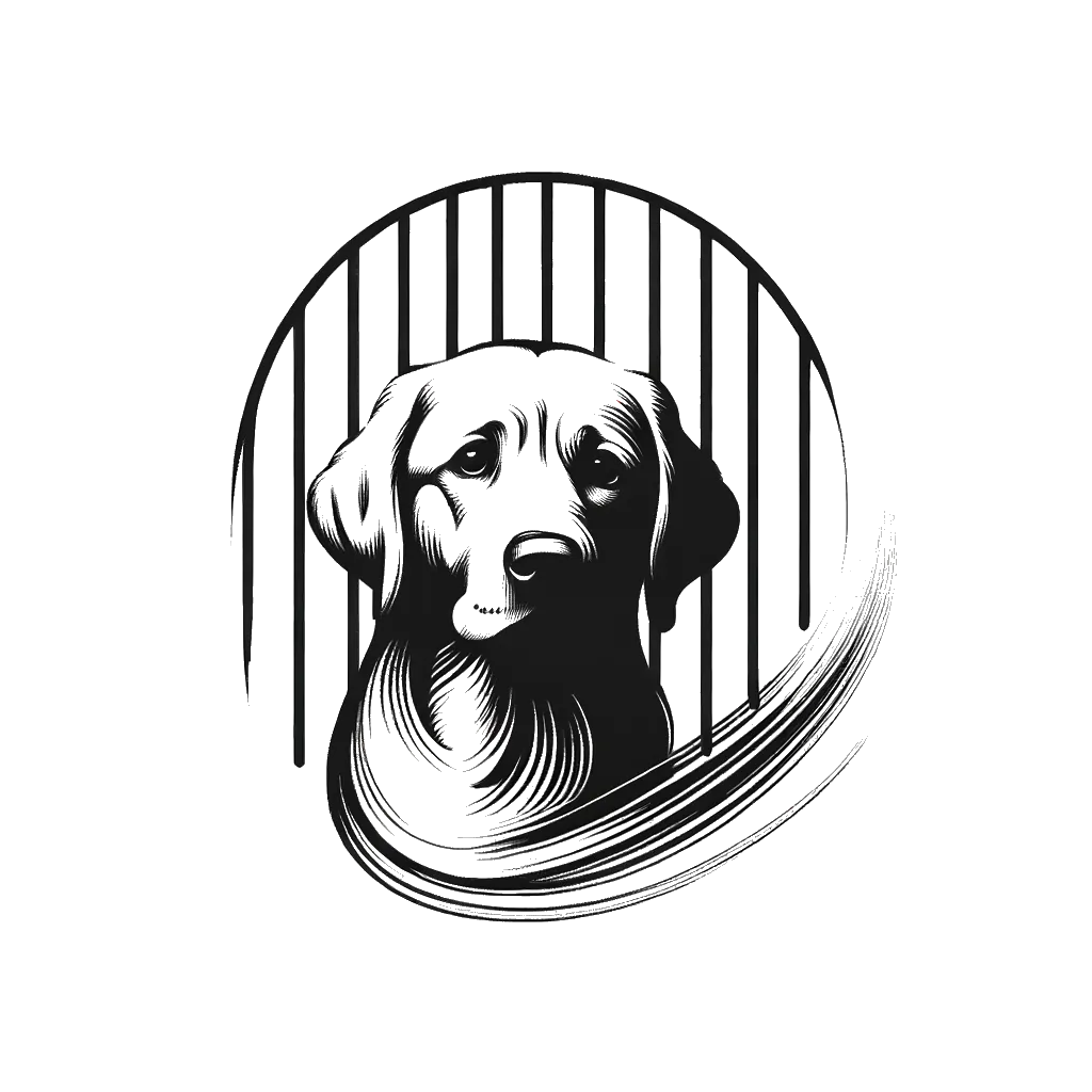 un dibujo de un perro labrador en la perrera detrás de las rejas representando el tema de Abandono en blanco y negro.