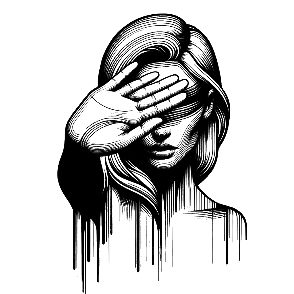 un dibujo de una mujer con la mano sobre sus ojos extendiendo la mano a la altura de los brazos como si estuviera diciendo que no representando el tema de Abnegación en blanco y negro.