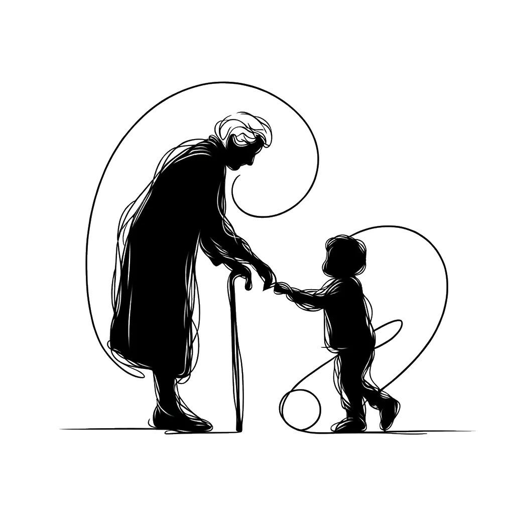 un dibujo de una anciana con un bastón sujetando la mano de un niño representando el tema de Abuela en blanco y negro.