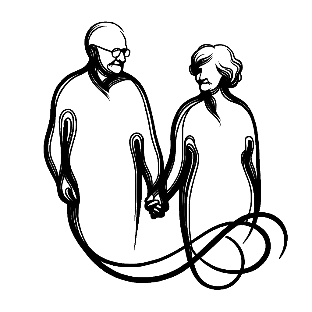 un dibujo de una pareja cristiana mayor tomados de la mano representando el tema de Abuelos en blanco y negro.