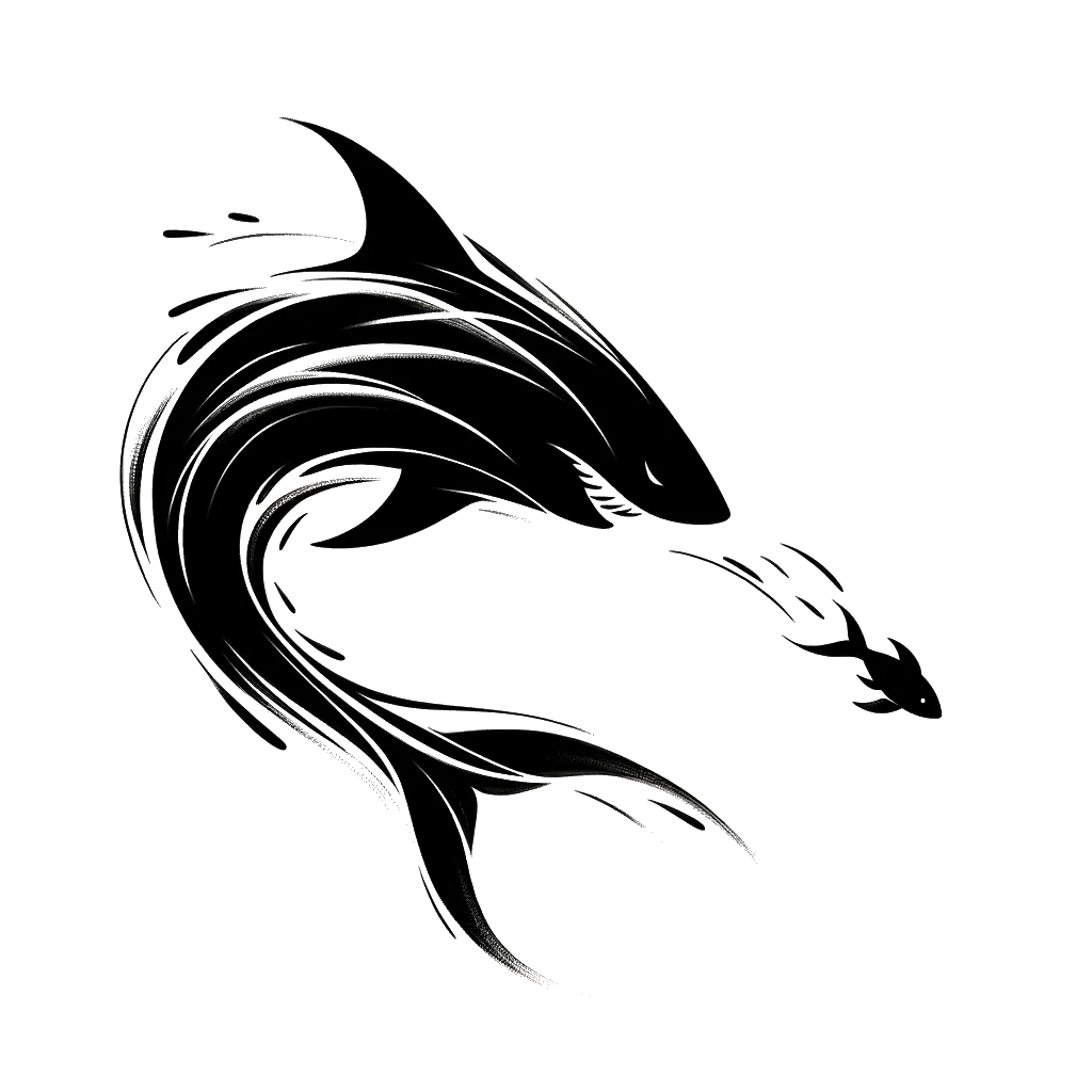 un dibujo de Un tiburón persiguiendo a peces pequeños en blanco y negro. representando el tema de Acoso en blanco y negro.