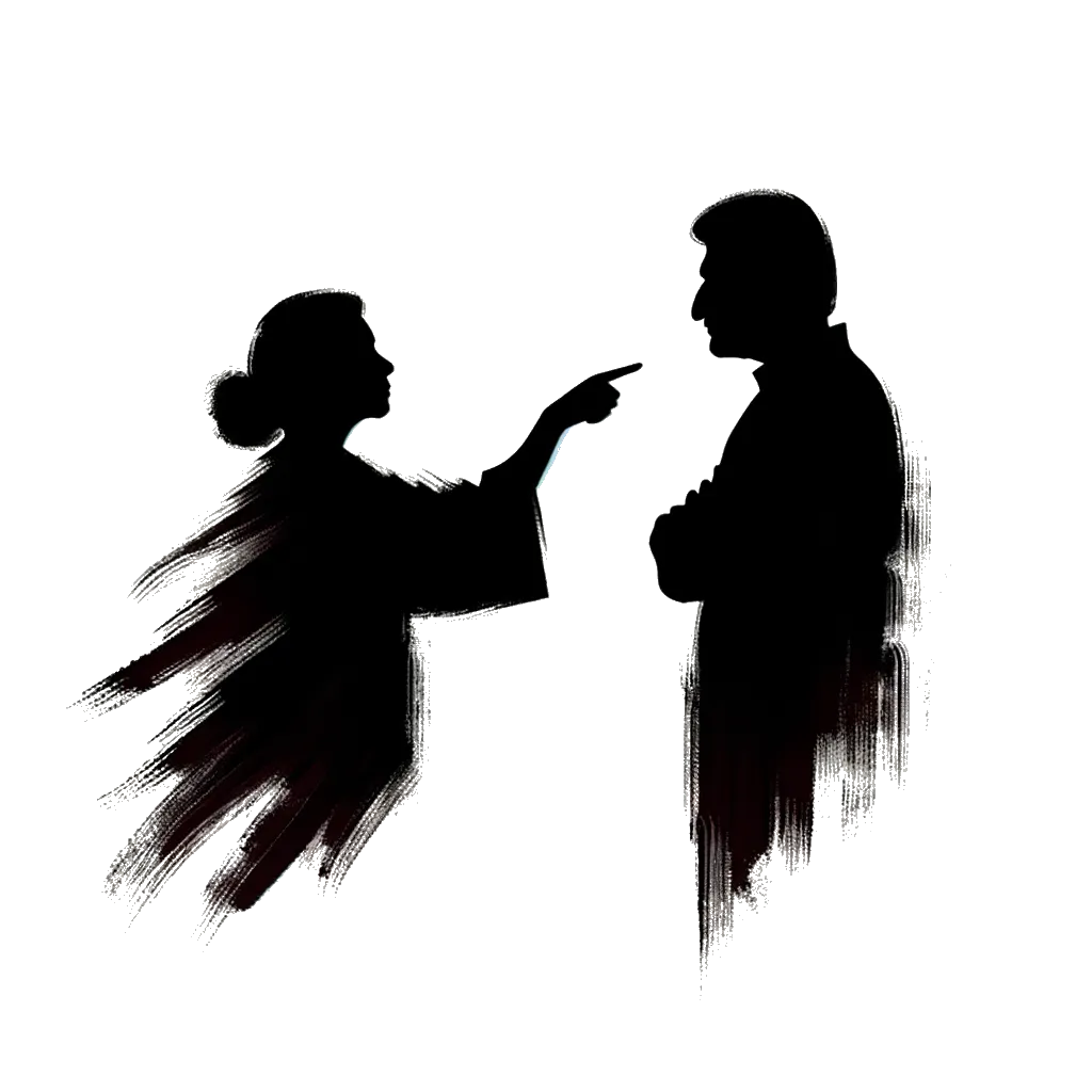 un dibujo de una figura completa de una mujer señalando con el dedo a un hombre representando el tema de Acusaciones Falsas en blanco y negro.