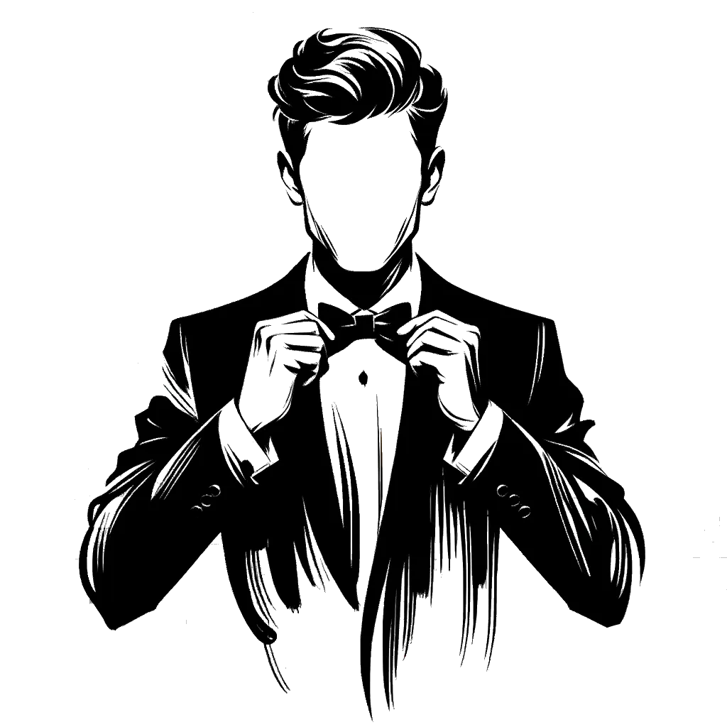 un dibujo de un hombre colocándose una corbata de moño representando el tema de Aderezo en blanco y negro.