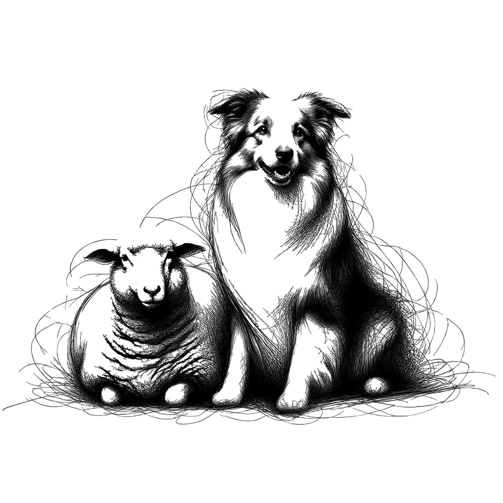un dibujo de Un border collie se sentó al lado de unas ovejas en un corral. representando el tema de Administración en blanco y negro.