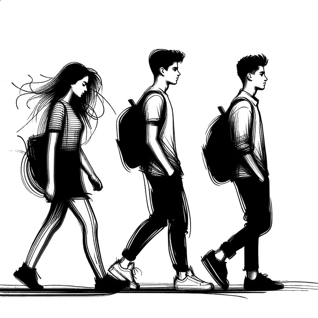 un dibujo de tres adolescentes caminando hacia la universidad representando el tema de Adolescentes en blanco y negro.