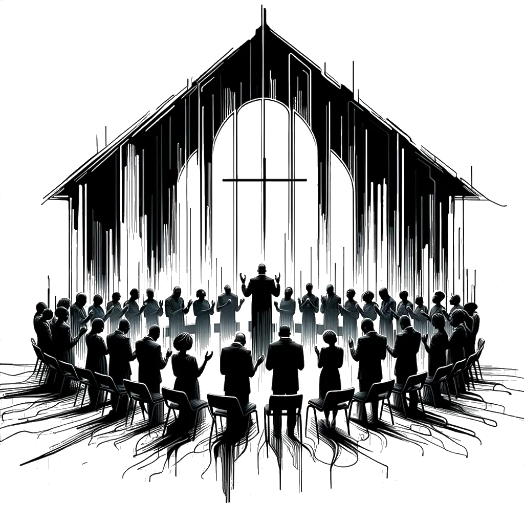 un dibujo de personas rezando en la iglesia representando el tema de Adoración en blanco y negro.