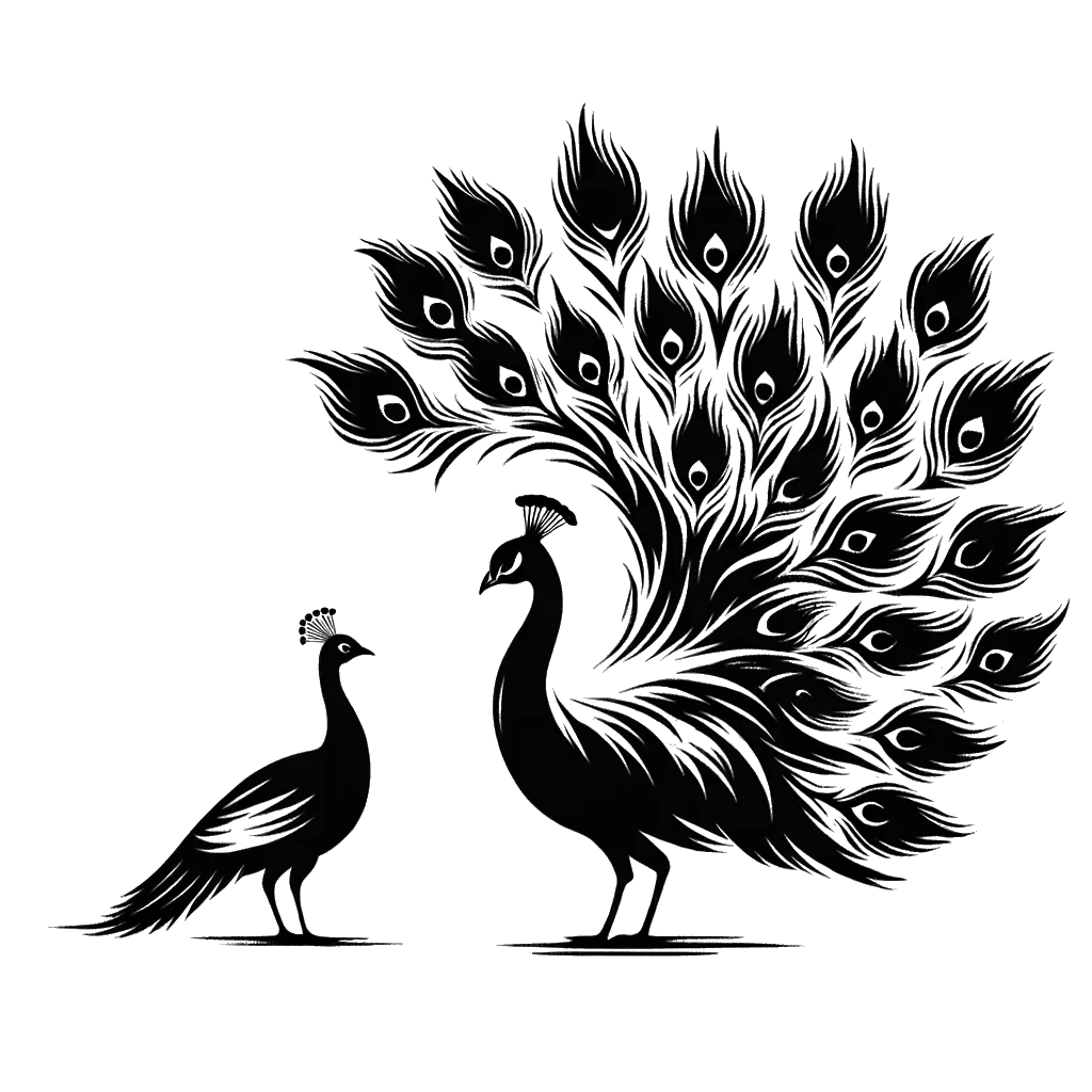 un dibujo de un pavo real con sus plumas abiertas frente a una pava representando el tema de Adulación en blanco y negro.