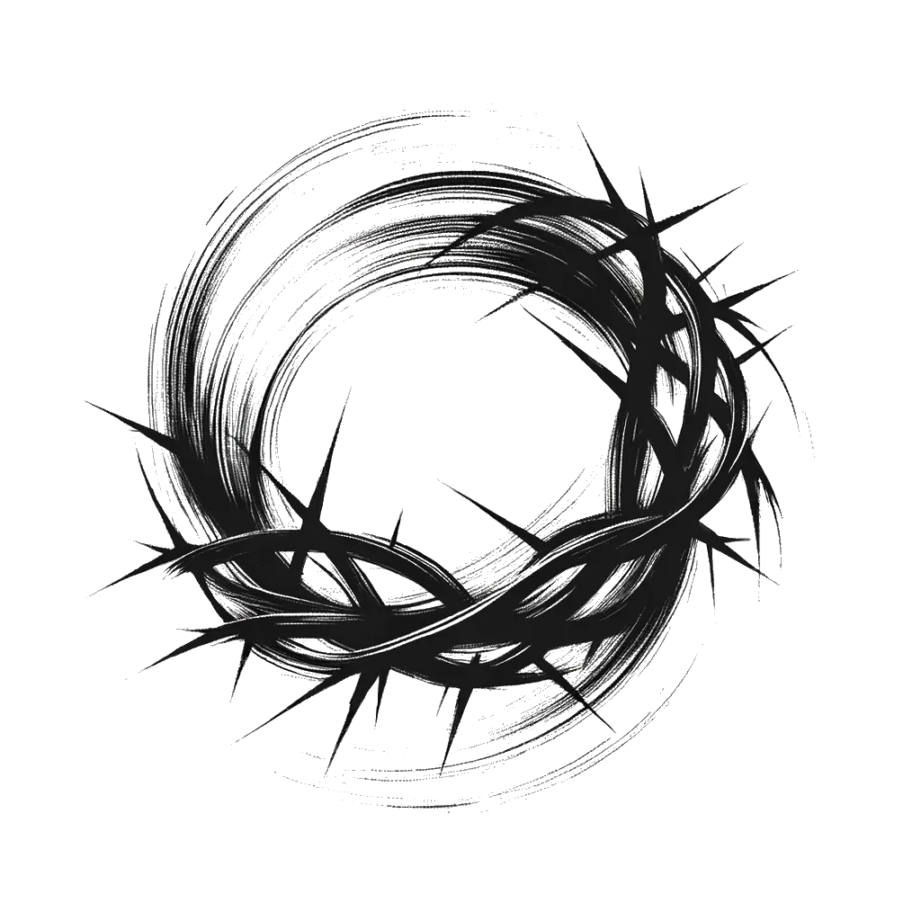 un dibujo de una corona de espinas representando el tema de Aflicción en blanco y negro.