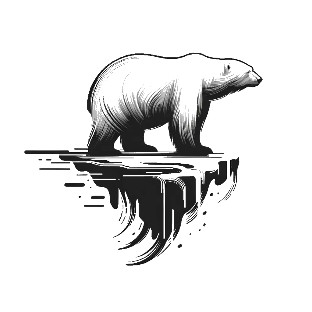 un dibujo de un oso polar en una plataforma de hielo flotante representando el tema de Afrontamiento en blanco y negro.