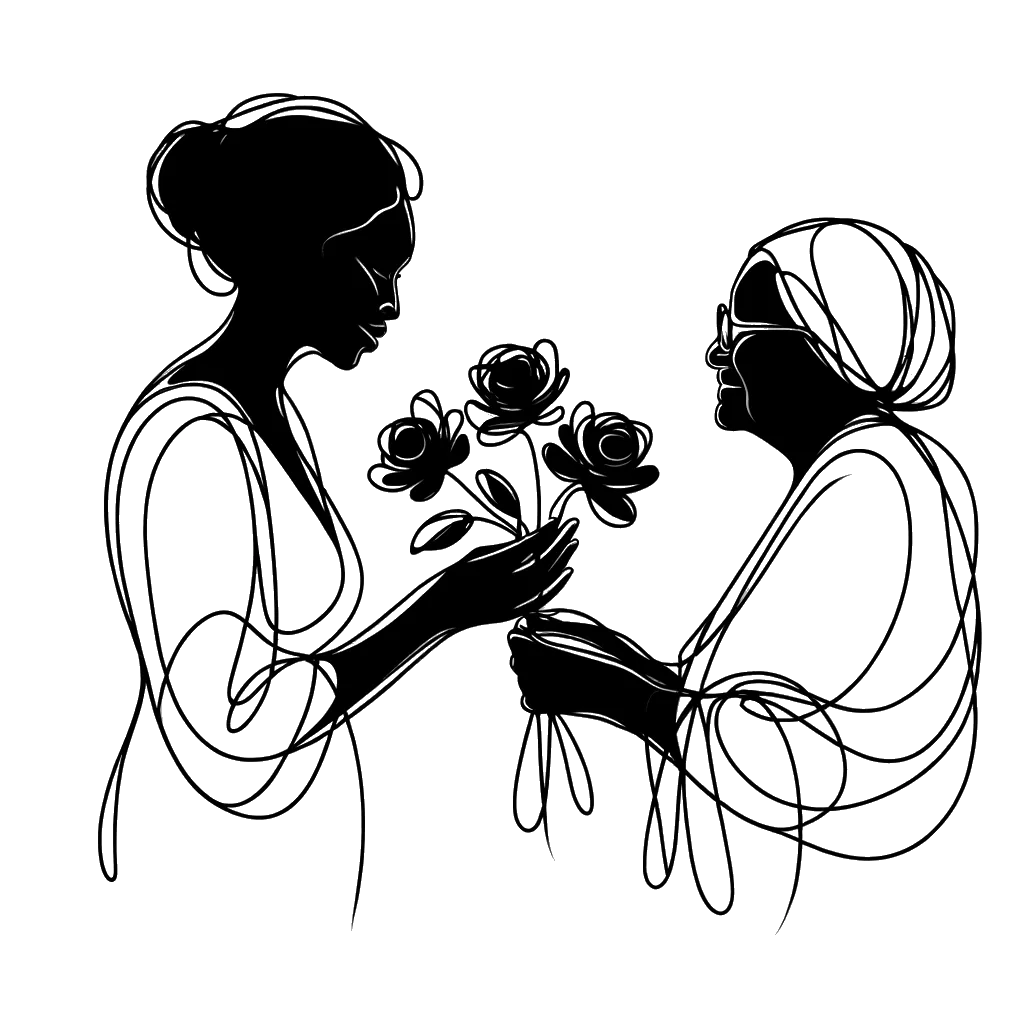 un dibujo de una mujer mayor entregándole flores a otra mujer mayor representando el tema de Agradecimiento en blanco y negro.