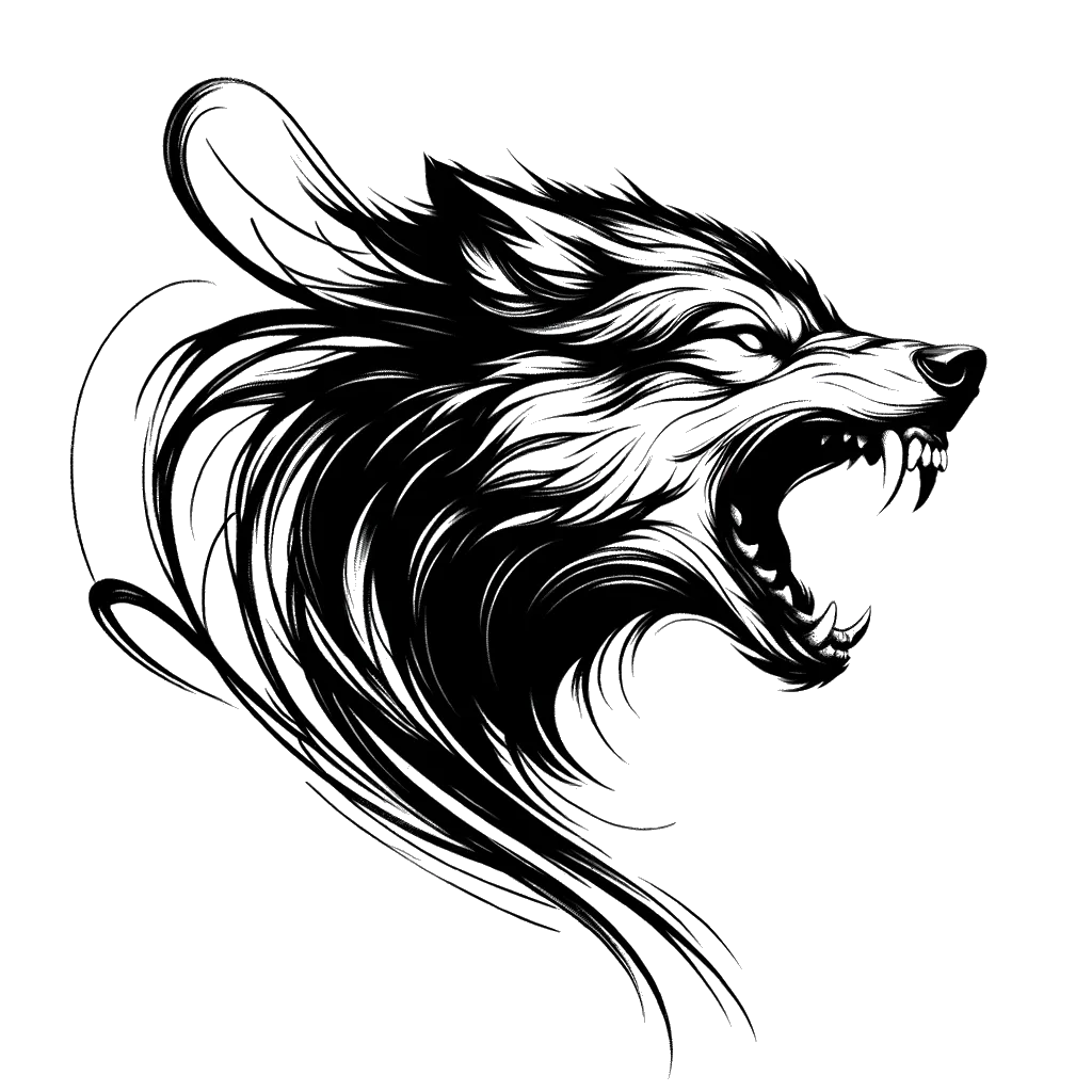 un dibujo de un lobo gruñendo representando el tema de Agresión en blanco y negro.