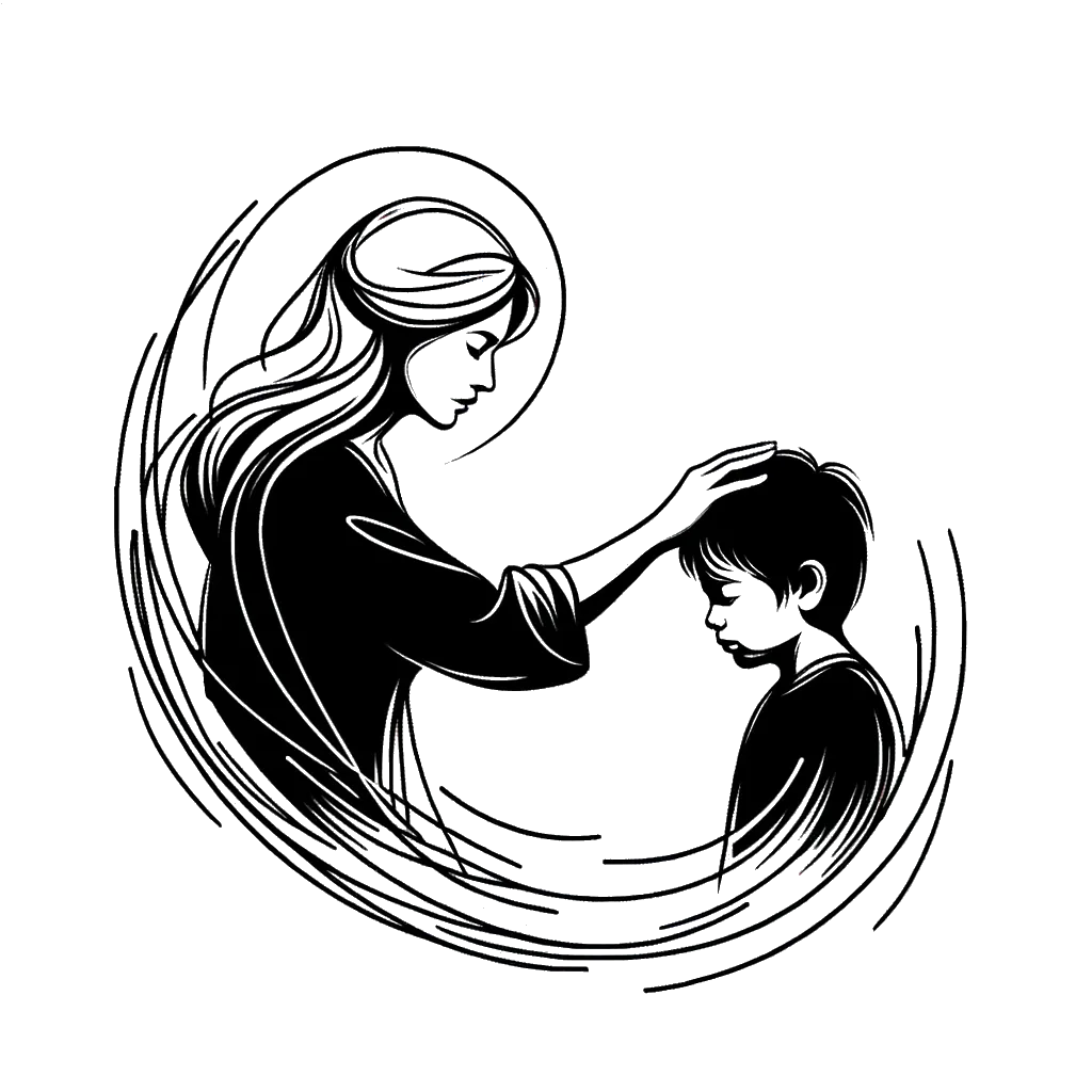 un dibujo de una mujer rubia con la mano en la cabeza de un niño dándole elogios representando el tema de Alabanza en blanco y negro.