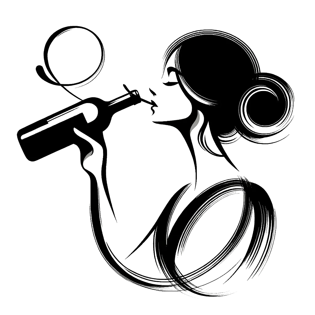un dibujo de una mujer bebiendo directamente de una botella de vino representando el tema de Alcoholismo en blanco y negro.