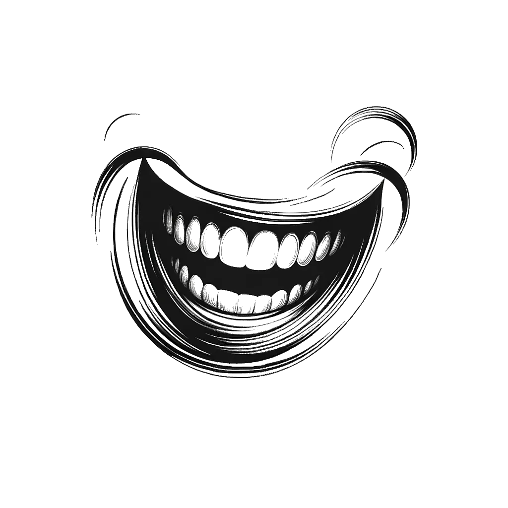 un dibujo de una boca sonriente representando el tema de Alegría en blanco y negro.
