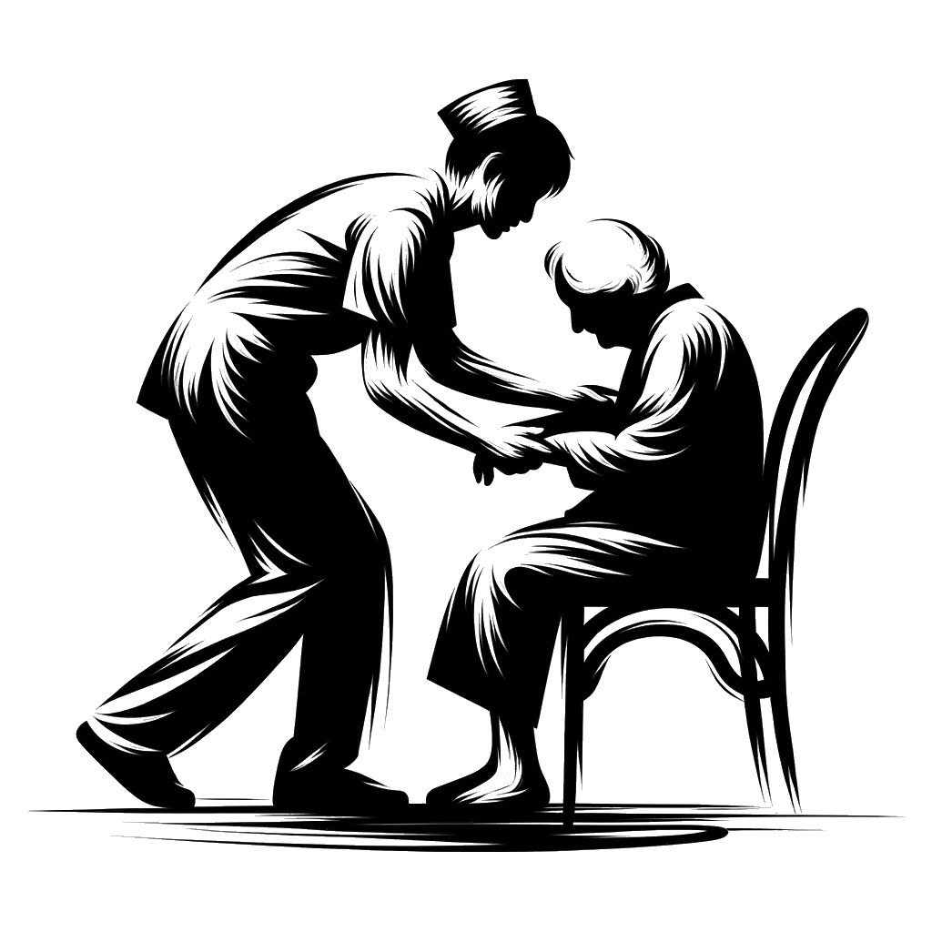 un dibujo de una enfermera ayudando a una persona mayor a levantarse de una silla representando el tema de Amabilidad en blanco y negro.