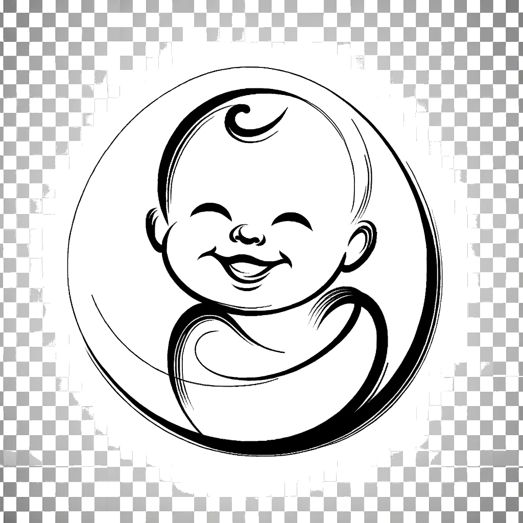 un dibujo de un bebé sonriente en blanco y negro representando el tema de Amamantamiento en blanco y negro.
