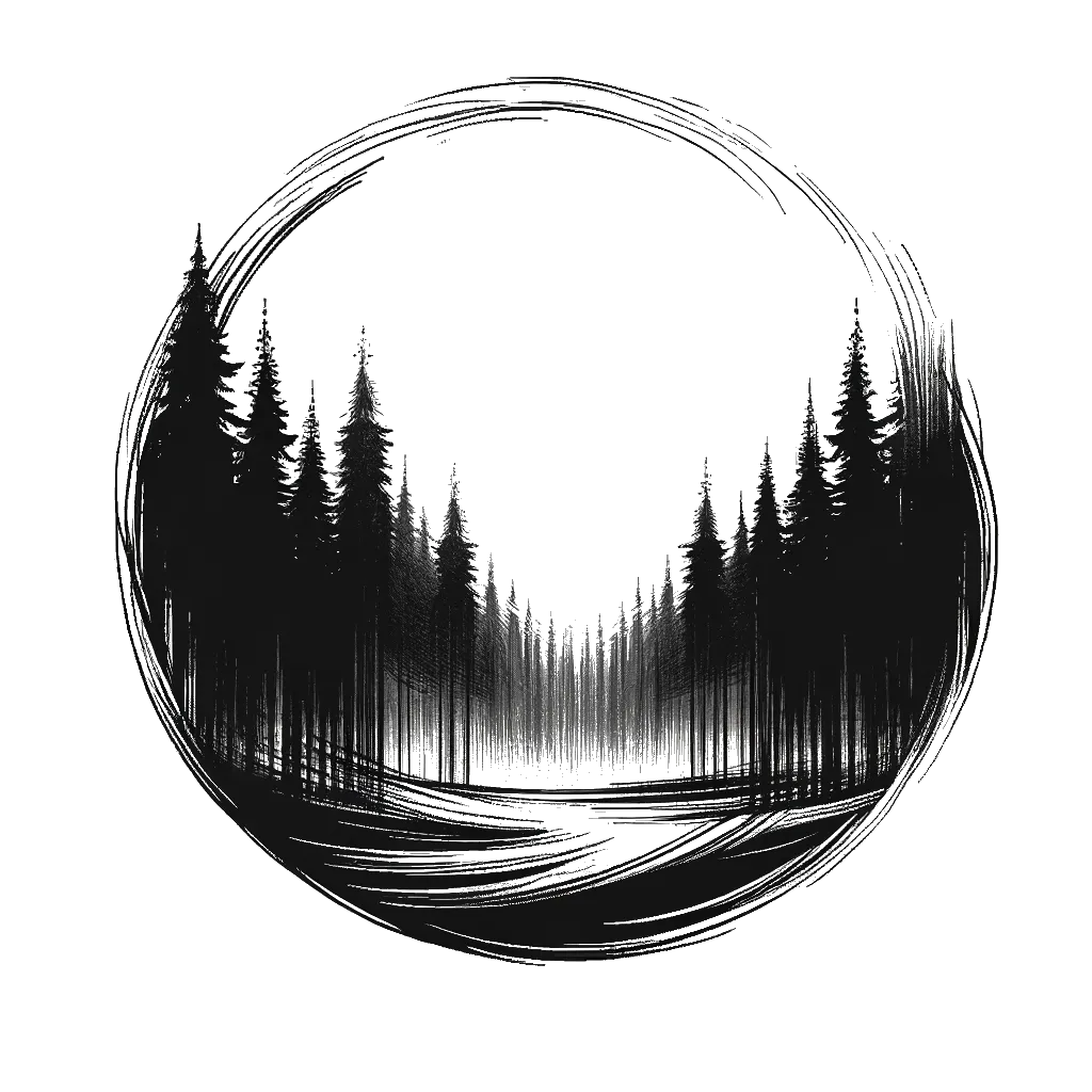 un dibujo de un bosque antiguo representando el tema de Ambiente en blanco y negro.