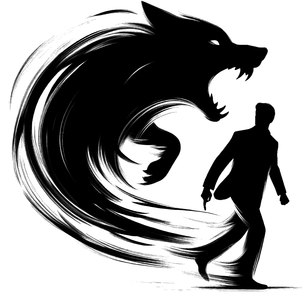 un dibujo de un hombre con un perro ladrando agresivamente representando el tema de Amenazante en blanco y negro.