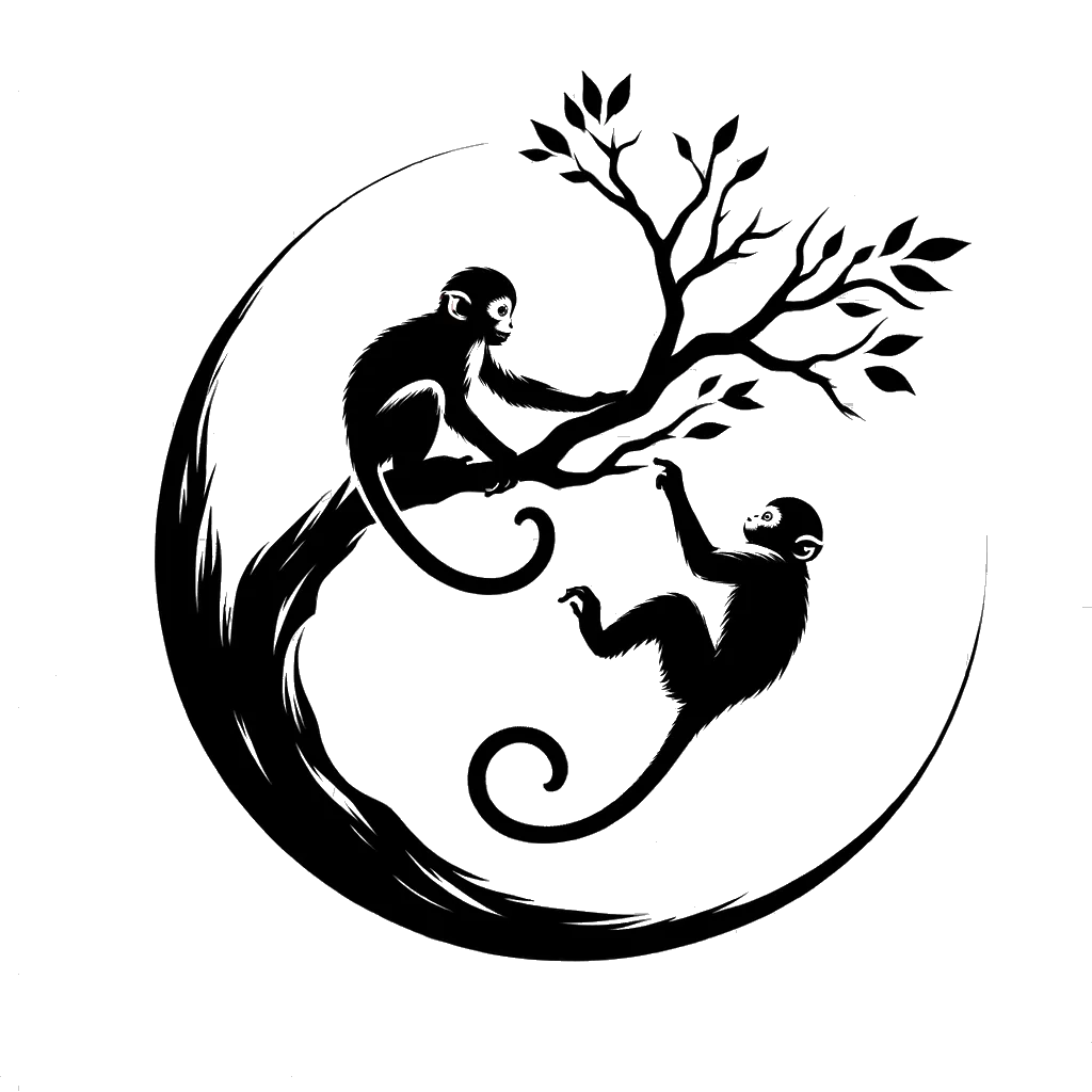 un dibujo de dos monos jugando en un árbol representando el tema de Amistad en blanco y negro.
