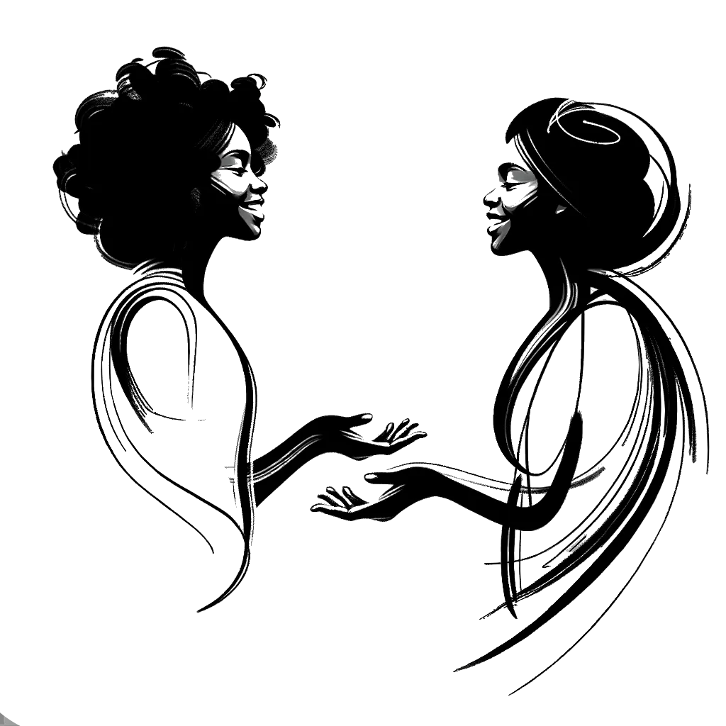 un dibujo de dos mujeres saludándose con caras sonrientes representando el tema de Amistades Verdaderas en blanco y negro.