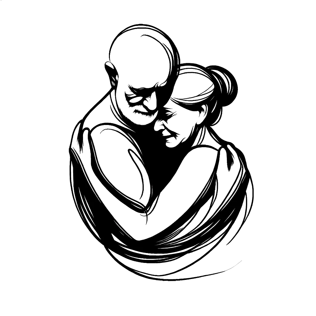 un dibujo de un anciano y una anciana abrazándose representando el tema de Amor en blanco y negro.