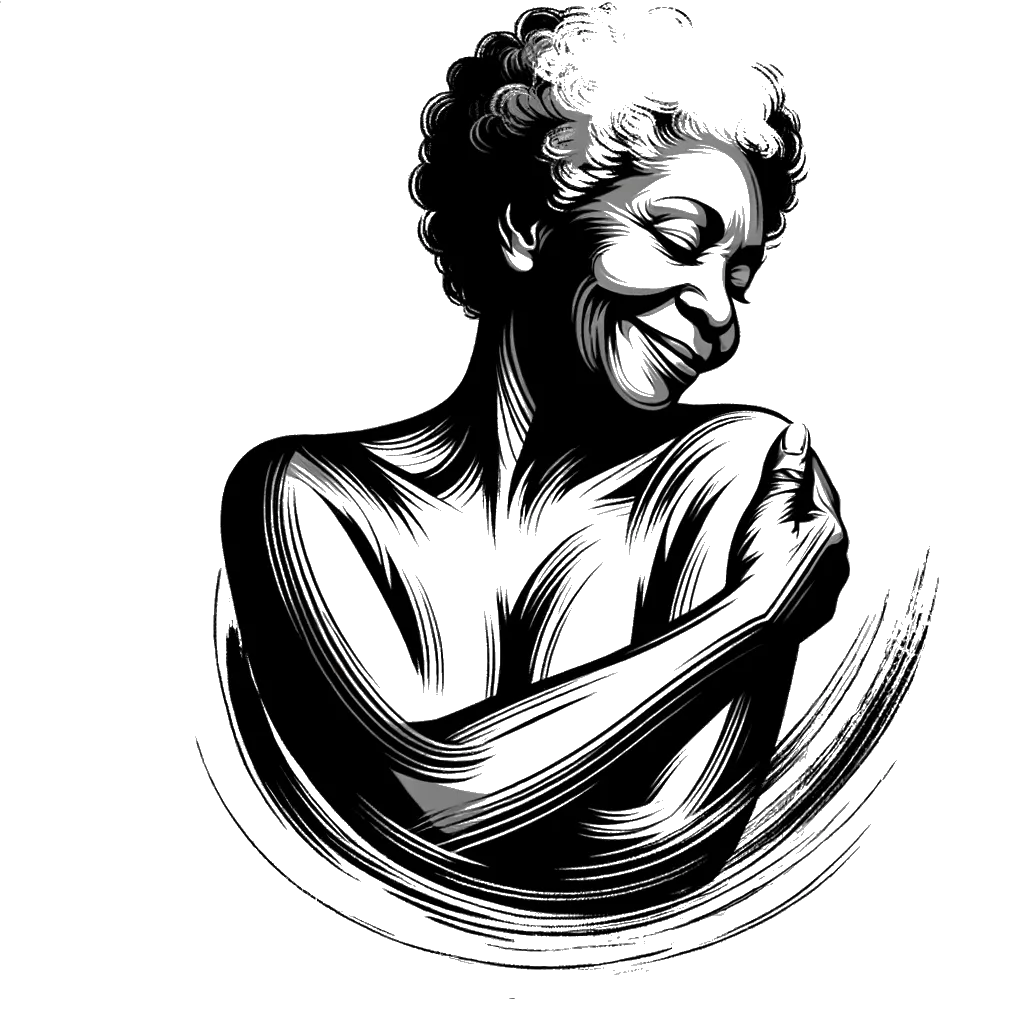un dibujo de una mujer mayor mirando feliz y abrazándose a sí misma representando el tema de Amor Propio en blanco y negro.