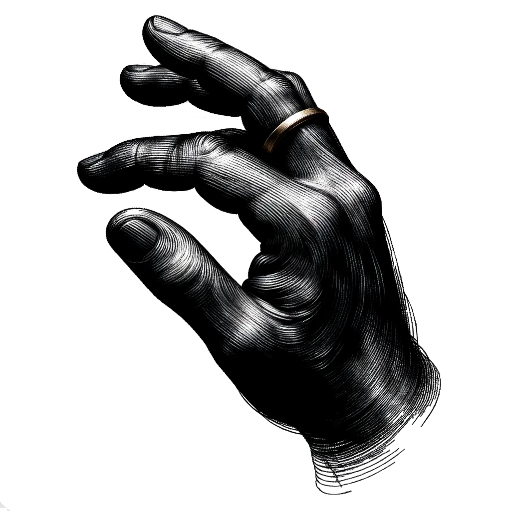 un dibujo de una mano de un anciano con un anillo de bodas representando el tema de Anillos en blanco y negro.
