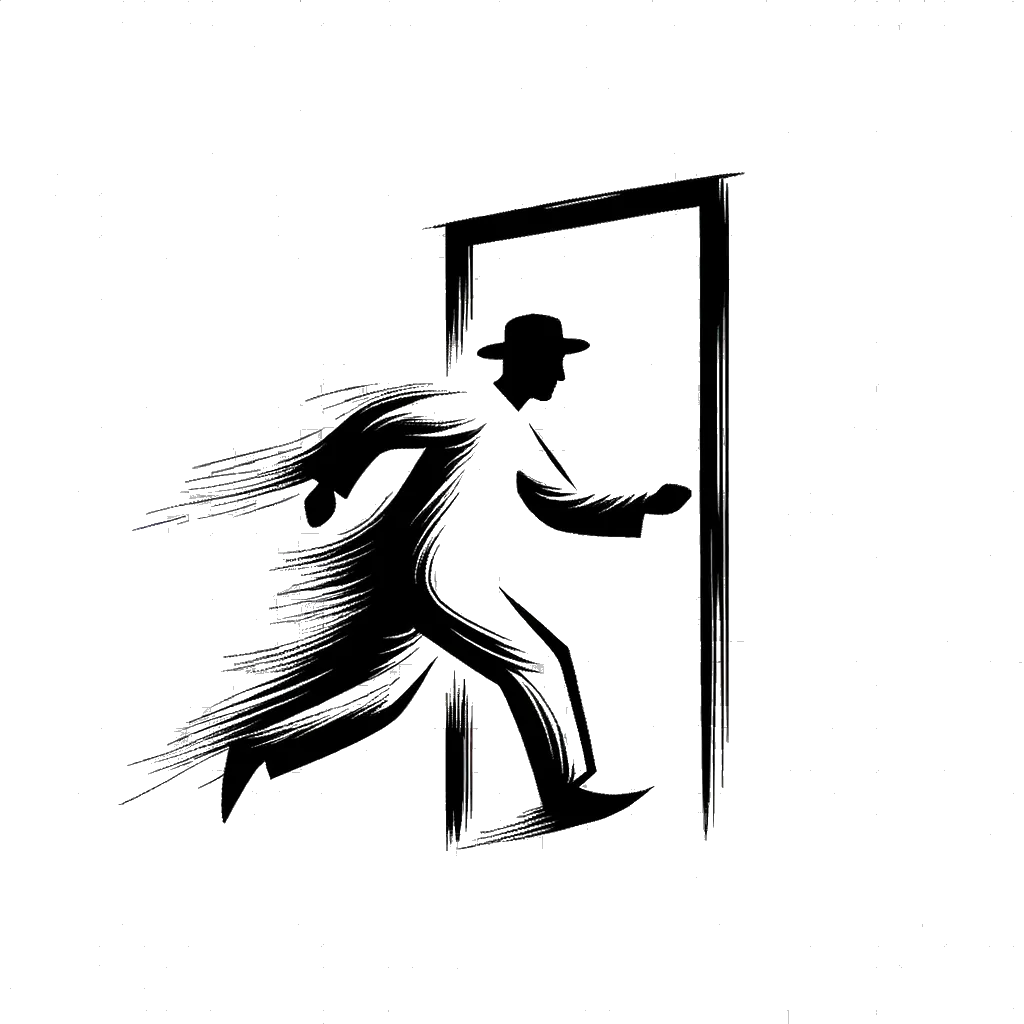 un dibujo de un hombre escapando por la salida de incendios representando el tema de Apostasía en blanco y negro.