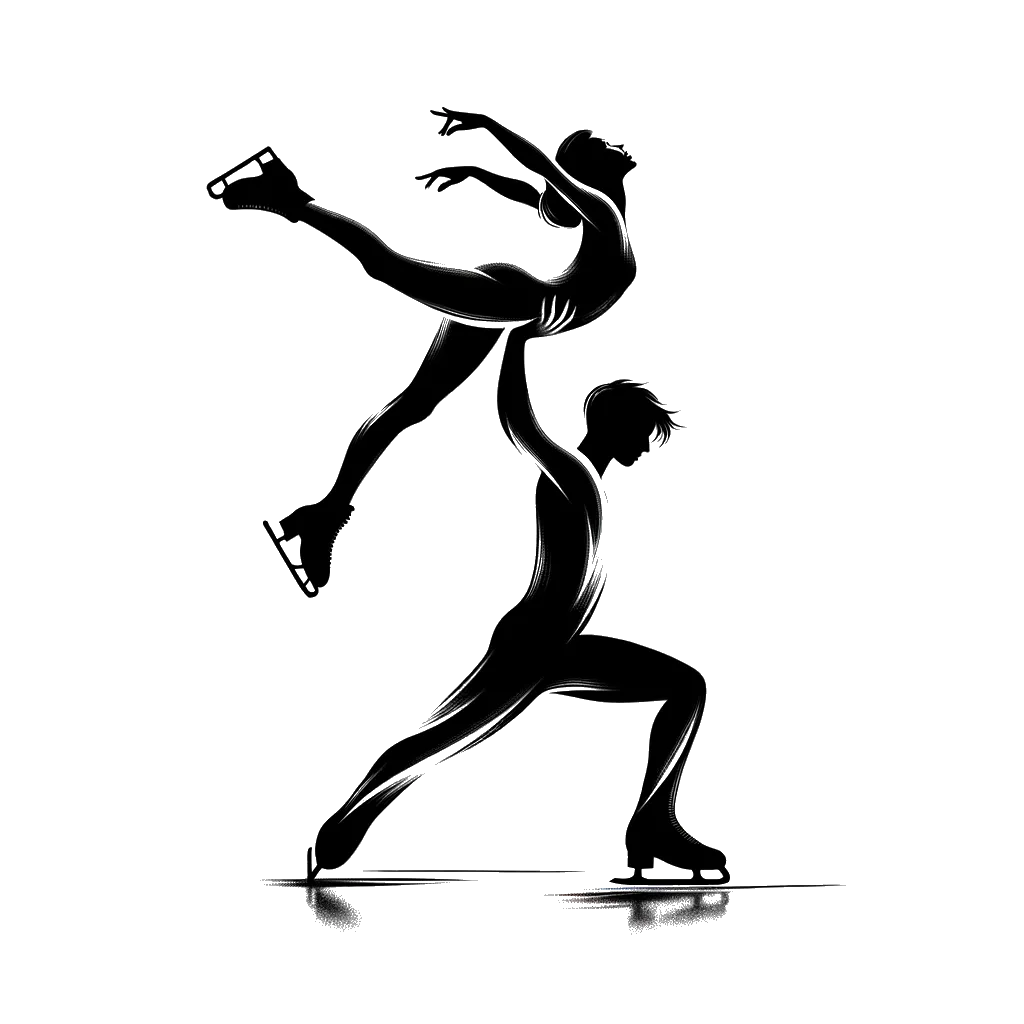 un dibujo de Un patinador masculino sosteniendo a una patinadora femenina sobre su cabeza con una mano. representando el tema de Apoyo en blanco y negro.