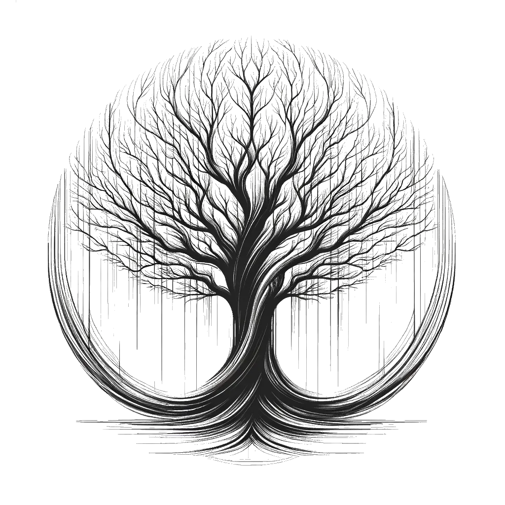 un dibujo de una vista mirando hacia arriba a través de las ramas de un árbol antiguo representando el tema de Árbol en blanco y negro.