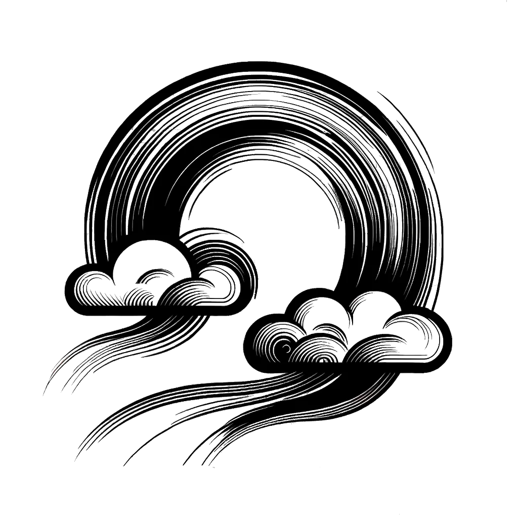 un dibujo de un arcoíris apareciendo entre las nubes representando el tema de Arcoiris en blanco y negro.