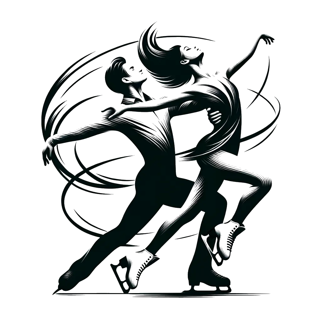un dibujo de una pareja profesional de patinaje sobre hielo patinando en el hielo representando el tema de Armonía en blanco y negro.