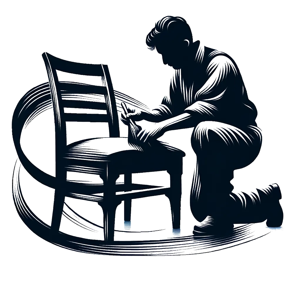 un dibujo de un carpintero reparando una silla representando el tema de Arreglando en blanco y negro.