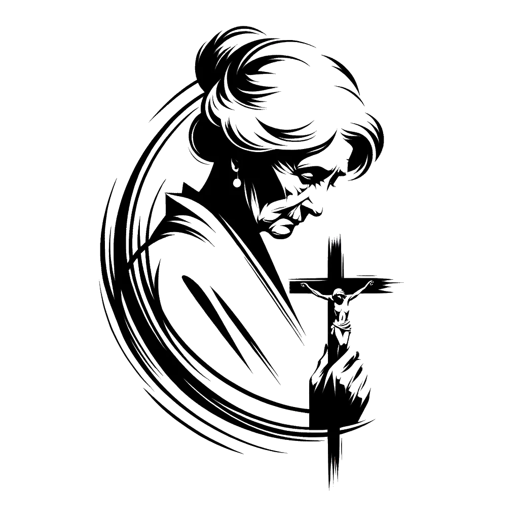 un dibujo de una mujer blanca mayor aferrando un crucifijo representando el tema de Arrepentimiento en blanco y negro.