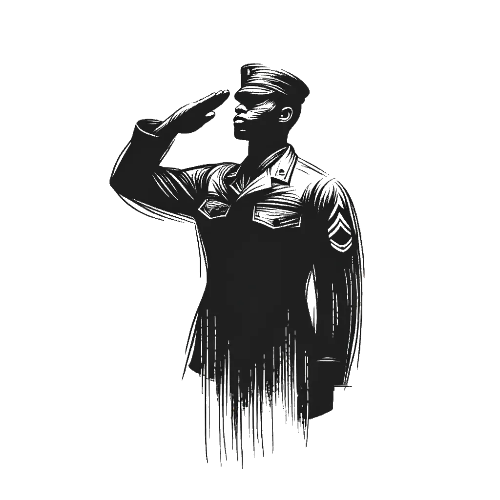 un dibujo de un soldado estadounidense saludando representando el tema de Ascenso en blanco y negro.