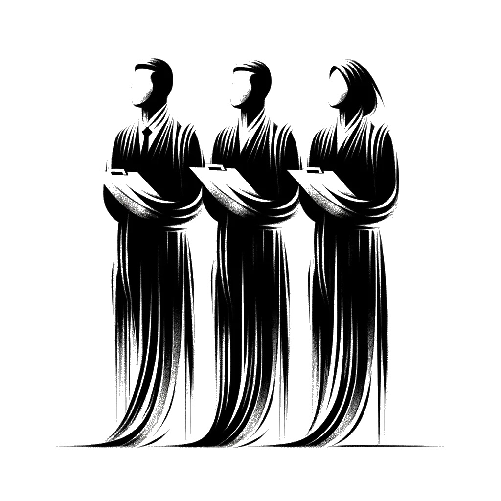un dibujo de un grupo de tres jueces deportivos con tablillas representando el tema de Atestiguando en blanco y negro.