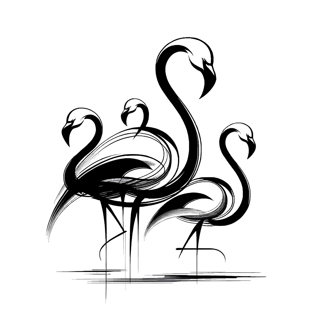 un dibujo de un grupo de flamencos representando el tema de Atracción en blanco y negro.