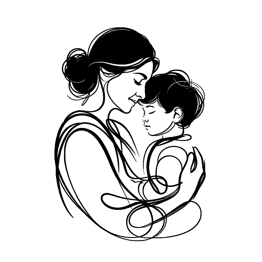 un dibujo de una joven madre abrazando a su hijo pequeño representando el tema de Autismo en blanco y negro.