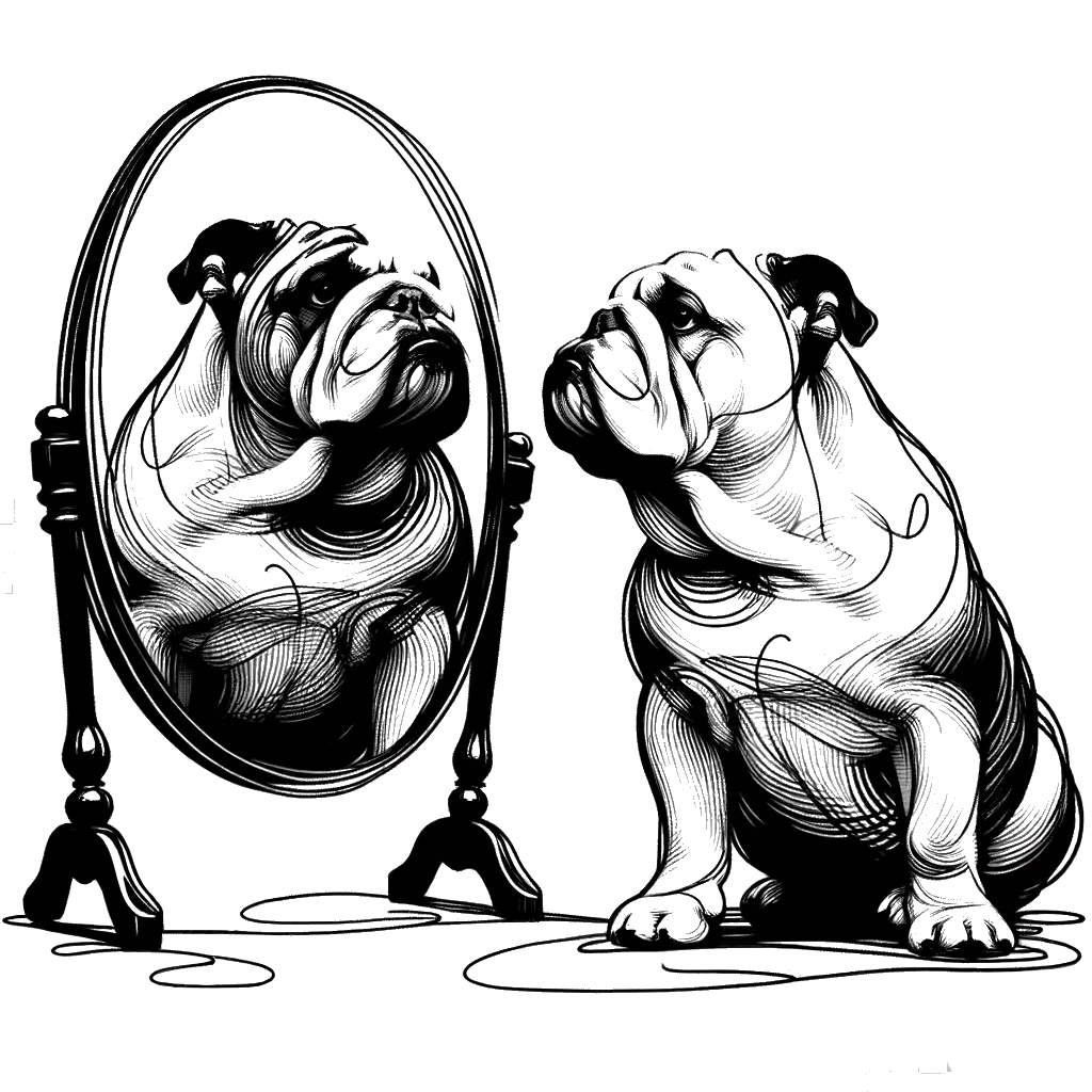un dibujo de un bulldog mirándose en un espejo representando el tema de Auto-Aceptación en blanco y negro.
