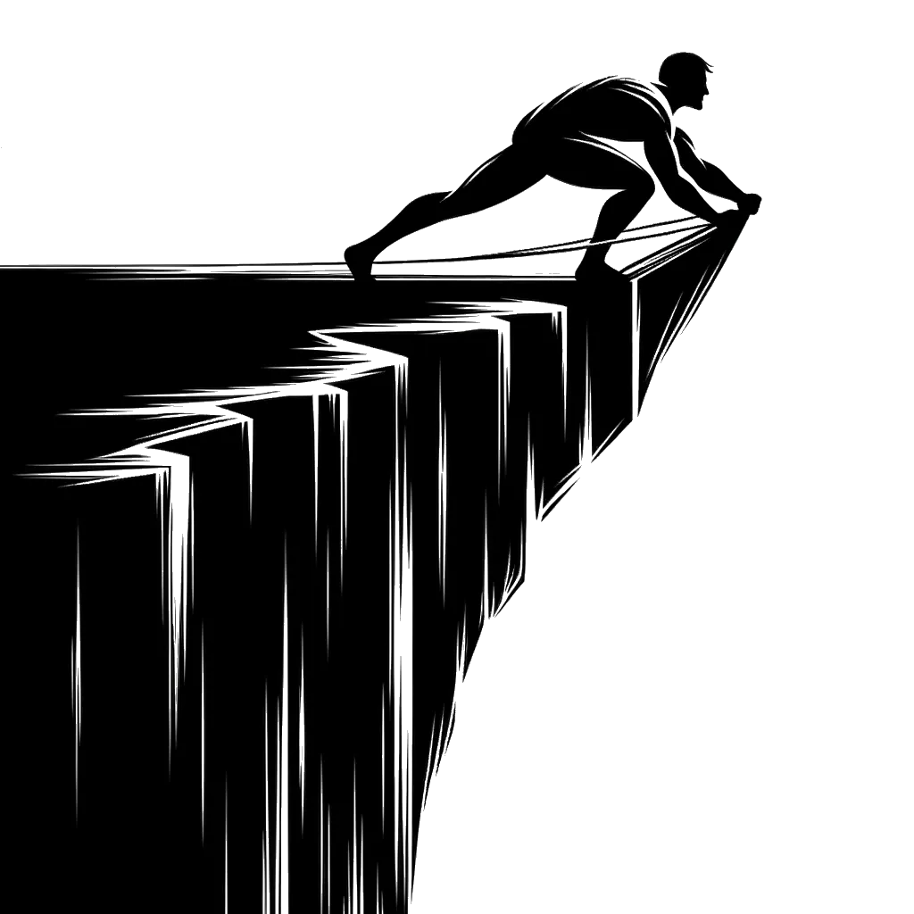 un dibujo de Un hombre sacándose a sí mismo de un pozo profundo utilizando una cuerda. representando el tema de Autoayuda en blanco y negro.