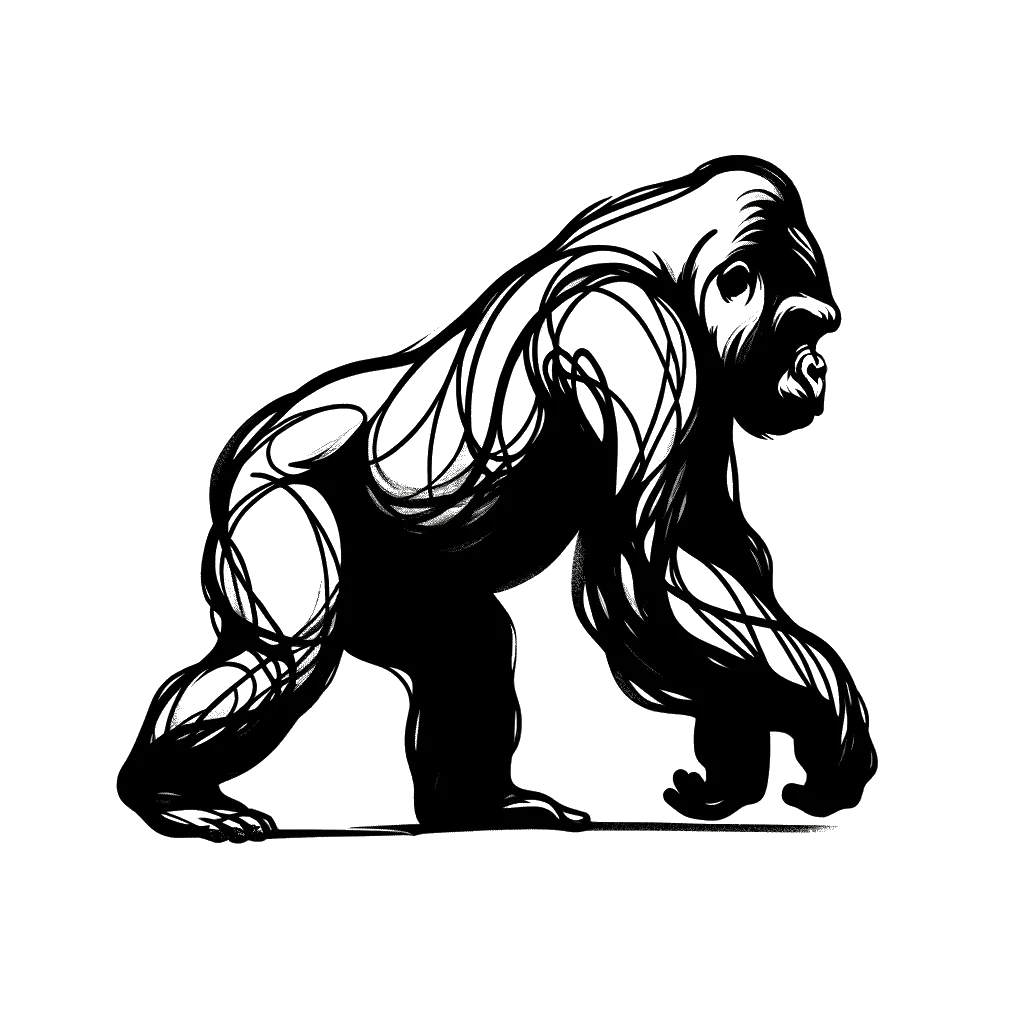 un dibujo de un gorila macho de espalda plateada caminando sobre puños y piernas vista lateral completa desde el costado representando el tema de Autoconfianza en blanco y negro.