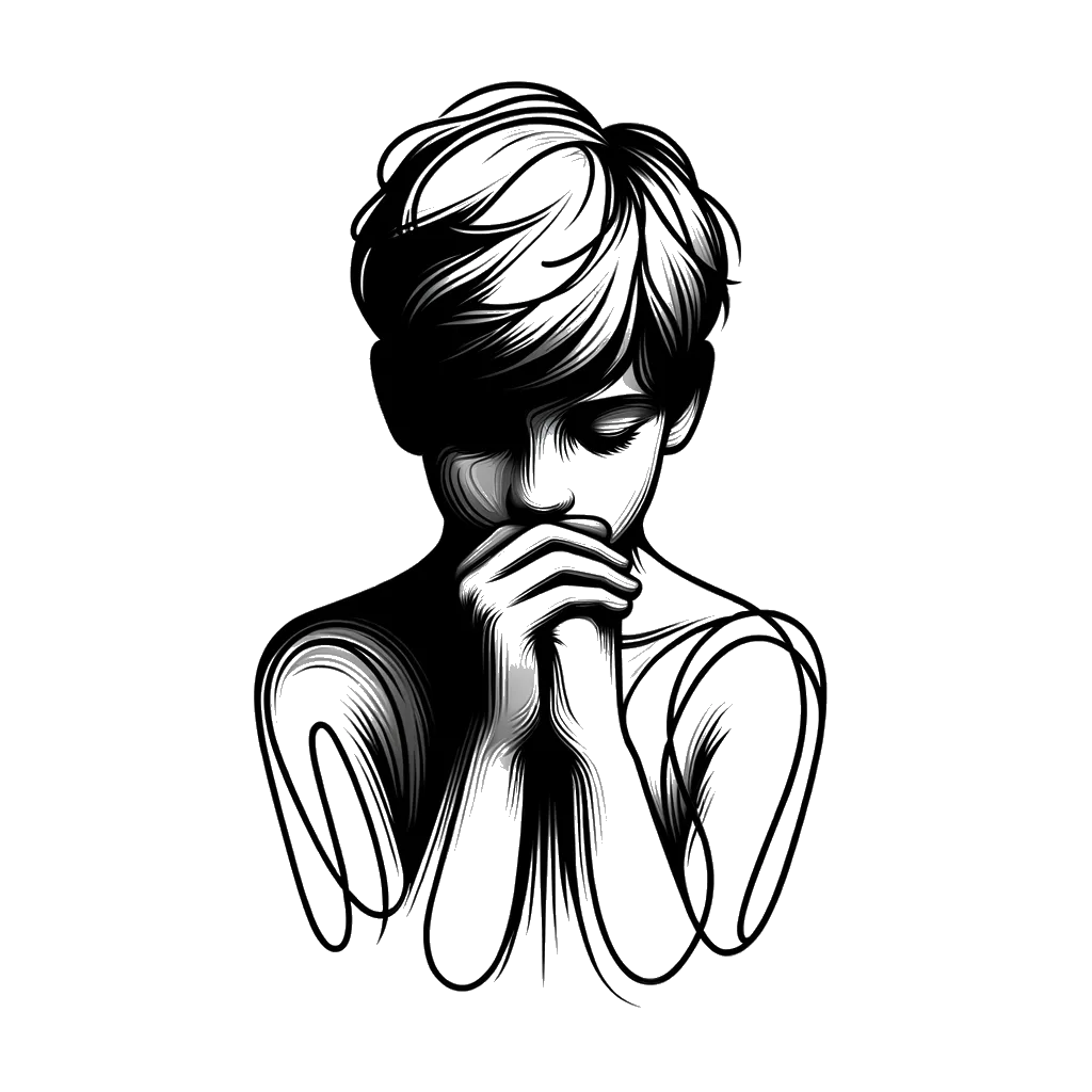 un dibujo de un niño con ambas manos cubriéndose la boca representando el tema de Autocontrol en blanco y negro.