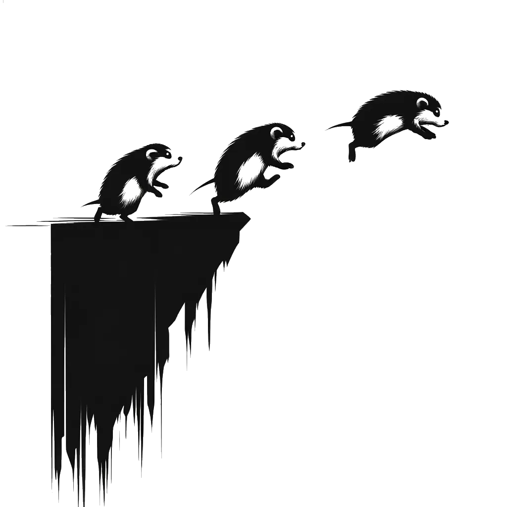 un dibujo de lemmings saltando por el borde de un acantilado representando el tema de Autodestrucción en blanco y negro.