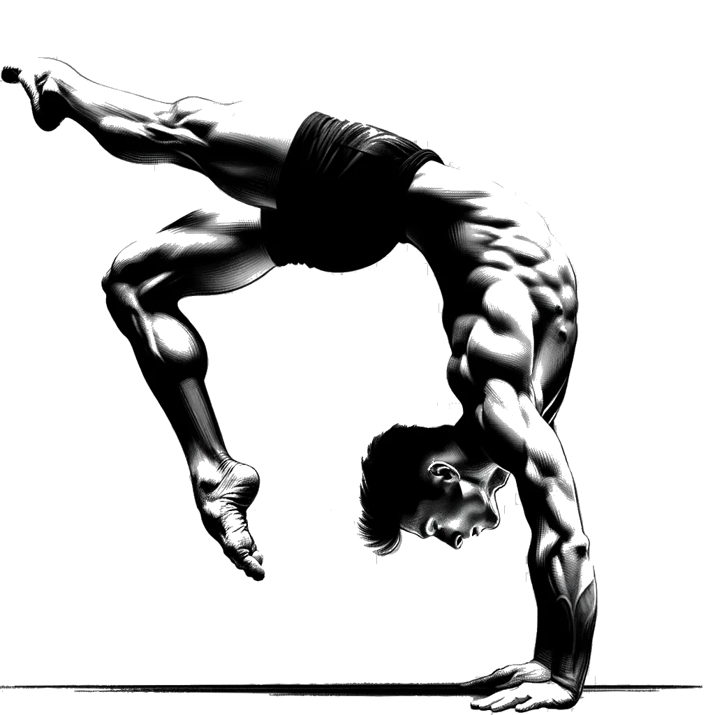 un dibujo de un gimnasta masculino haciendo un salto de potro representando el tema de Autodisciplina en blanco y negro.