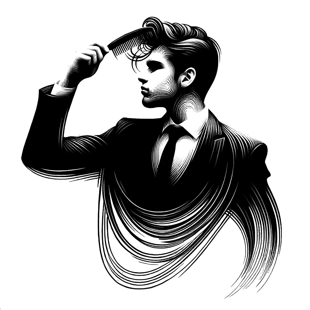 un dibujo de un joven peinándose el cabello luciendo elegante representando el tema de Autoestima en blanco y negro.
