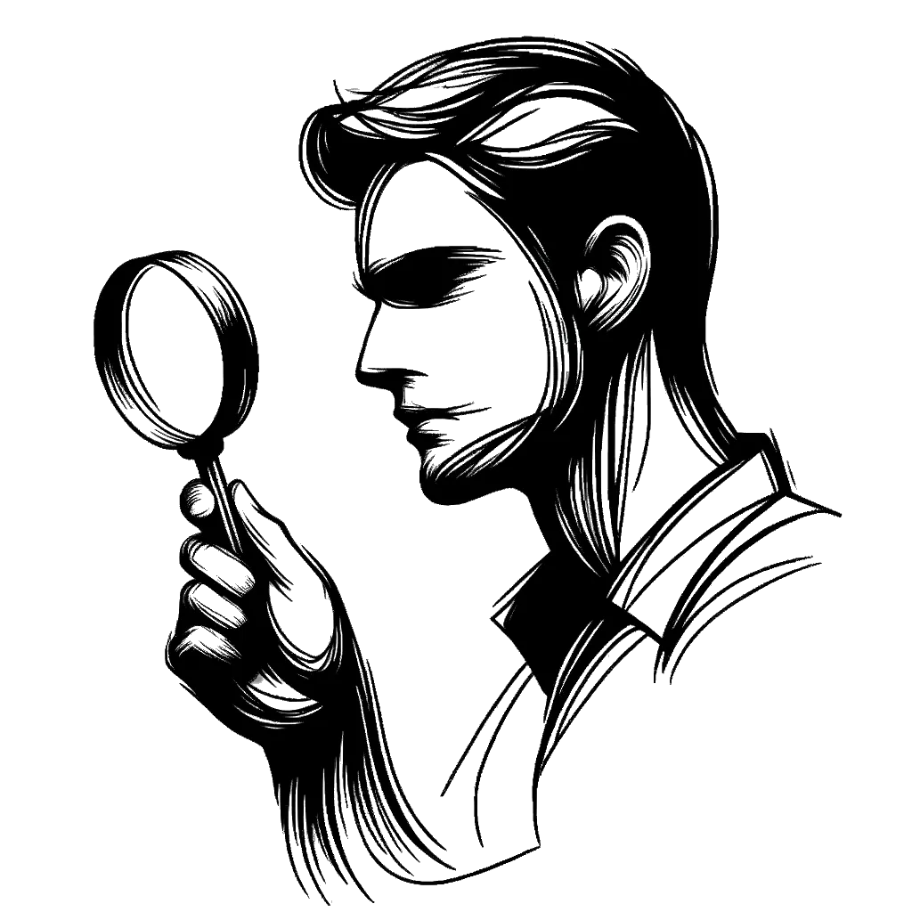 un dibujo de un hombre usando una lupa representando el tema de Autoexamen en blanco y negro.