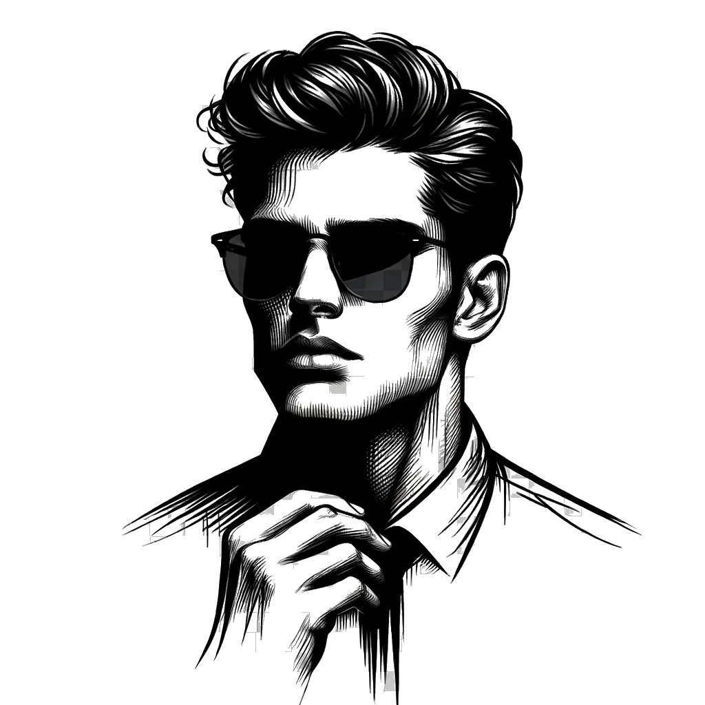 un dibujo de un hombre guapo bajando sus gafas de sol para mirar por encima de ellas representando el tema de Autoimagen en blanco y negro.