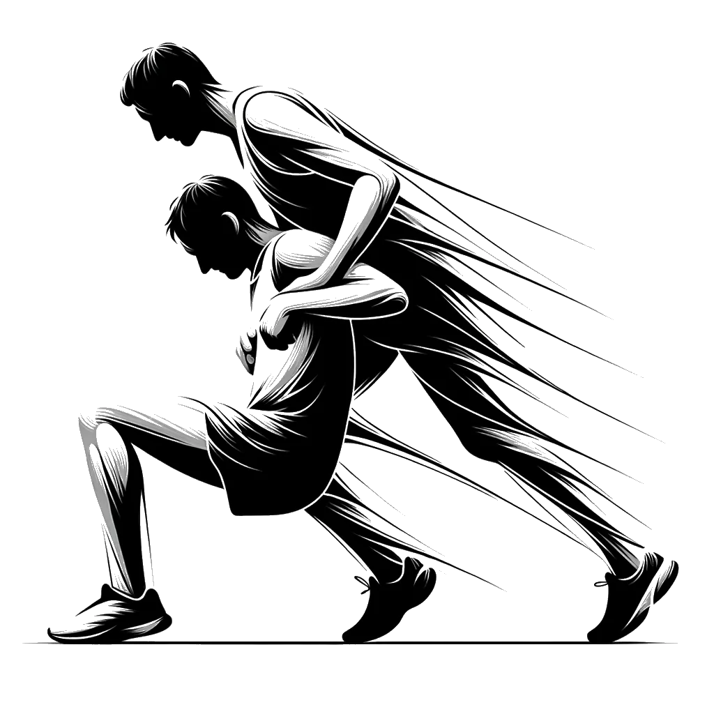 un dibujo de Un corredor de maratón masculino lesionado con el brazo alrededor de otro corredor de maratón masculino que lo está ayudando a caminar. representando el tema de Autosacrificio en blanco y negro.