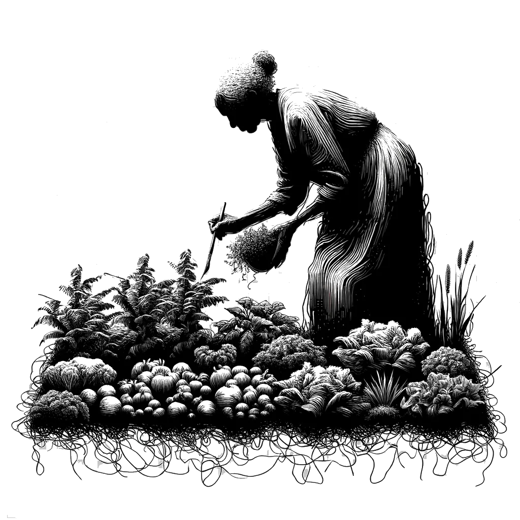 un dibujo de una anciana en su parcela cultivando muchas verduras representando el tema de Autosuficiencia en blanco y negro.